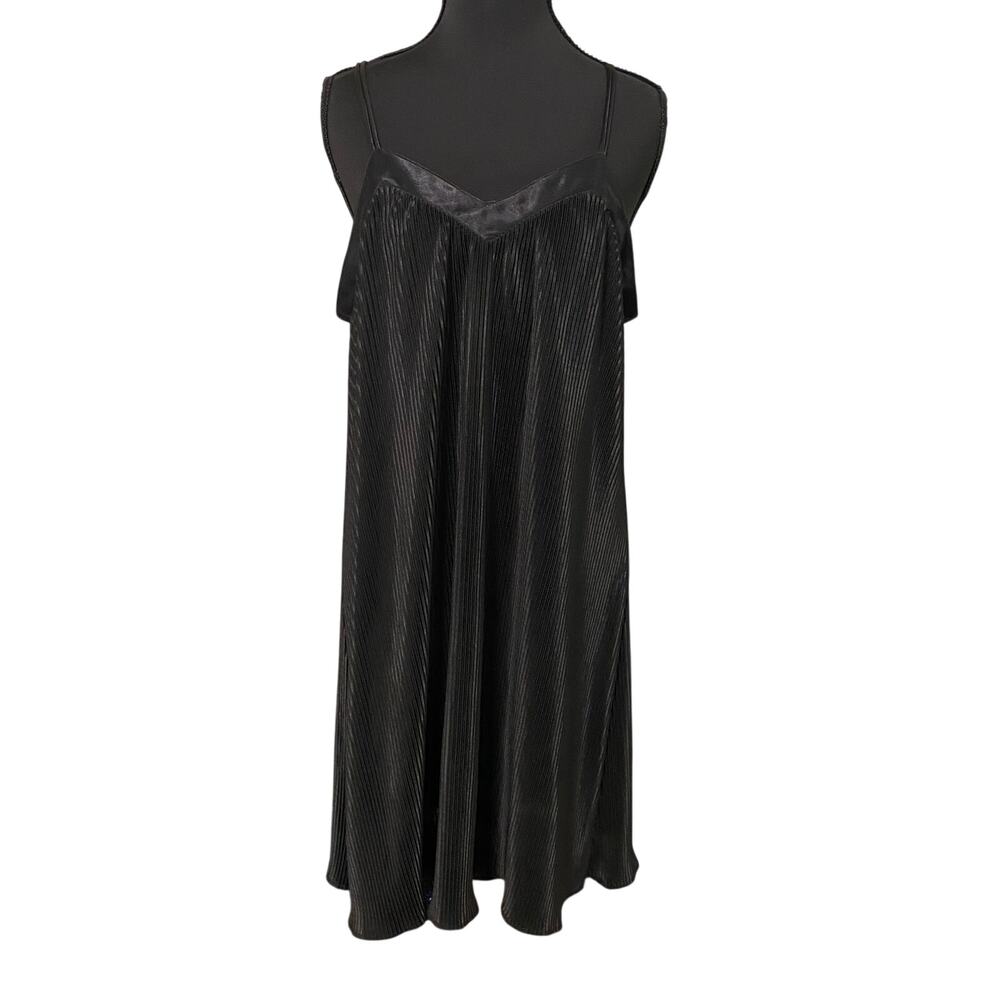 Adonna Black Pleated Satin Slip Dress Midi Nightgown Indie M Sexy Club Slinky